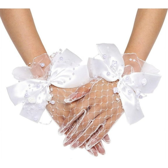 Zhengup Lace Gloves White Pearl Glove Wedding Bridal Gloves Bowknot Tea Party Glove 1920s Flapper Accessories for Women