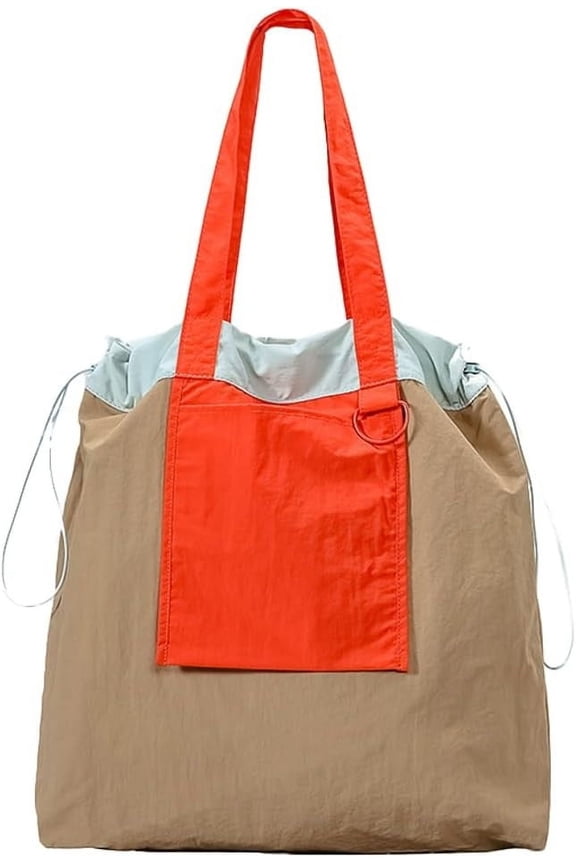 Lightweight Nylon Shoulder Tote Bag for Women Large Purse Color Blocking Top Handle Handbag with Drawstring
