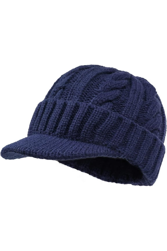 Men Knit Beanie Visor Cap Warm Winter Hat Cadet Newsboy Cap Daily Beanies with Bill Cuffed Watch Cap Plain Knitted Hats