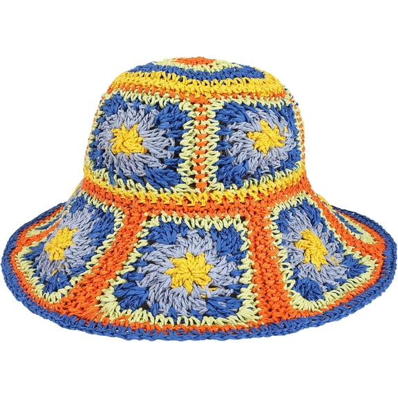 Zhengup Multicolor Floral Crochet Straw Sun Hat Foldable Packable Wide Brim Bucket Hat Summer Beach Hat for Women
