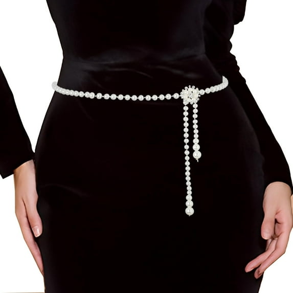 Zhengup Pearl Belt White Women Wasit Chain Adjustable Plus Size Belts Body Accessories for Dress