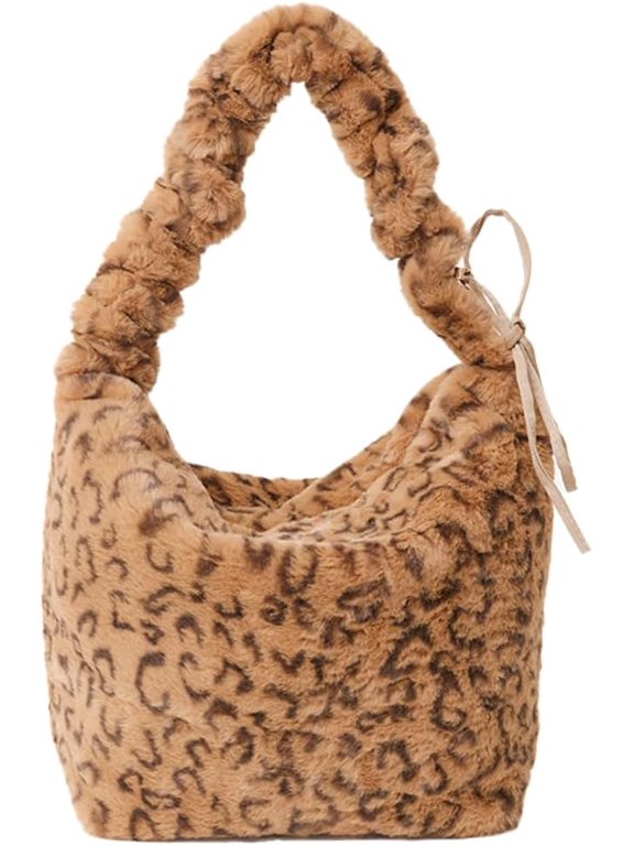 Plush Shoulder Bag for Women Leopard Crossbody Handbag Large Tote Purse Top Handle Bag Fluffy Winter Messenger Bag