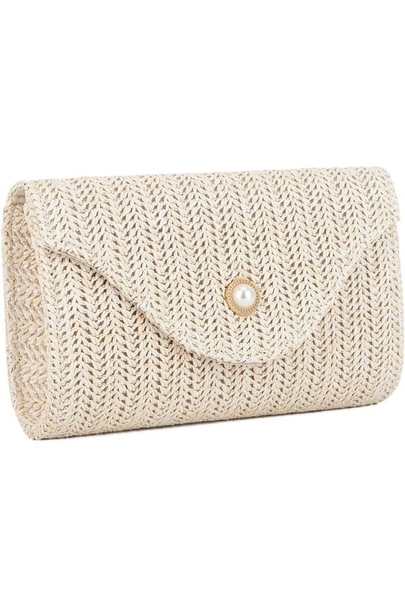 Raffia Straw Clutch Purses for Women Summer Pearl Evening Handbags Woven Envelope Shoulder Bag for Beach