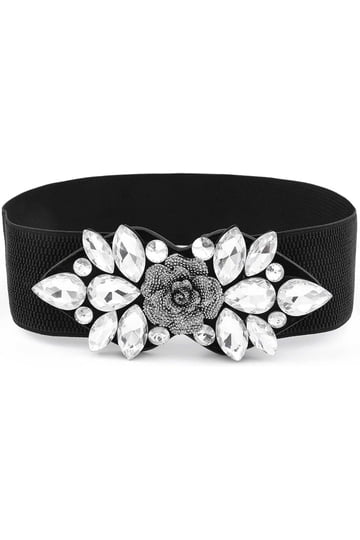 NWT Luxury Sparkling Rhinestone Floral Wide Elastic Stretch Formal Waist Belt Wriidy Rhinestone Stretch Belt Wide Formal Belt Balck Women  main image 4