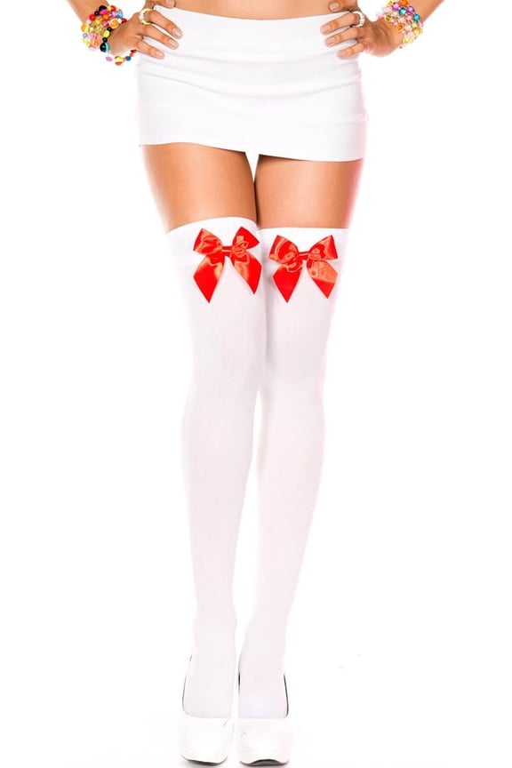 Satin Bow Opaque Thigh, White Red