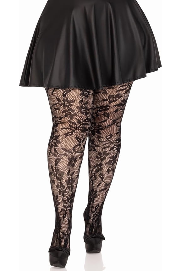 Seamless chantilly floral lace tights, 1X-2X, BLACK