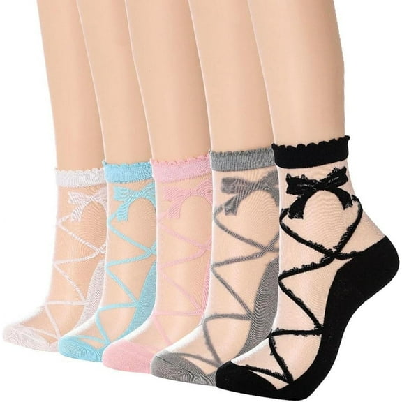 Zhengup Sheer Sock Cute Ruffles Socks Bow Sheer Ankle Socks Patterned Transparent Sock for Women(5 Pairs)