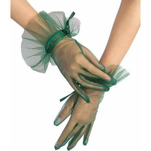 Zhengup Short Tulle Gloves for Women Vintage Bow Ruffle Mesh Sheer Gloves Tea Party Wedding Gloves