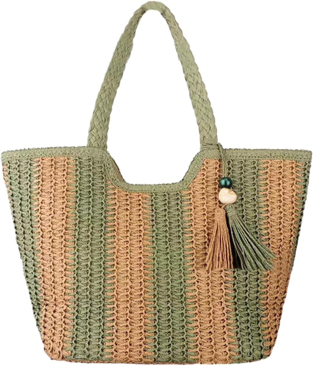 Zhengup Shoulder Bag Women Beach Tote Bag Ladies Straw Purses Handbags Summer Crochet Hand Woven Stripe