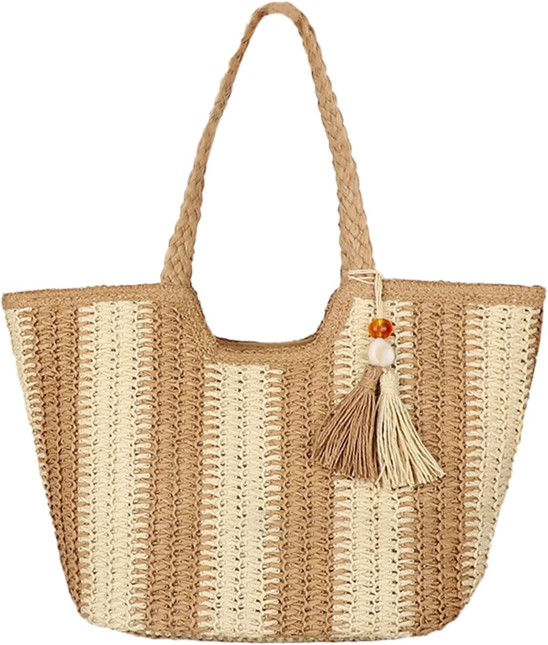 Zhengup Shoulder Bag Women Beach Tote Bag Ladies Straw Purses Handbags Summer Crochet Hand Woven Stripe