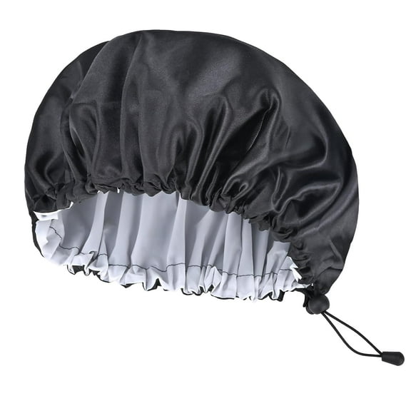 Zhengup Shower Cap for Men Women, with Adjustable Ties, Satin PEVA Double Layer Waterproof Bath Caps, Reusable Large Size Hair Cap with Elastic Band for All Hair Lengths (Black)