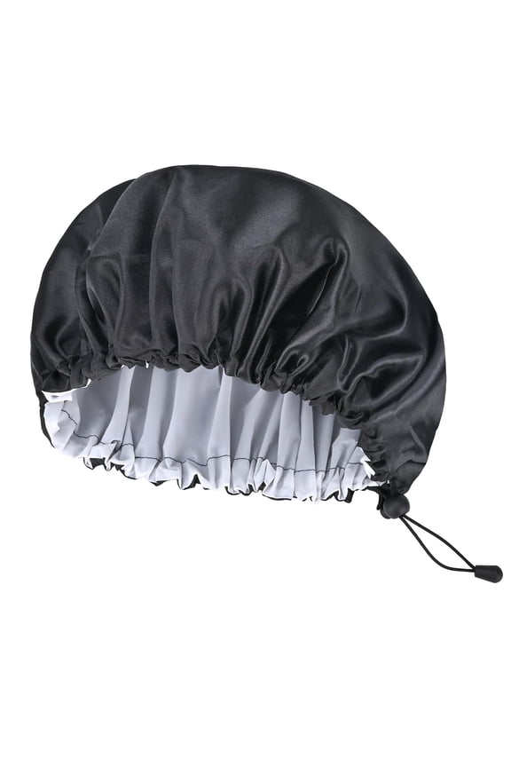 Shower Cap for Men Women, with Adjustable Ties, Satin PEVA Double Layer Waterproof Bath Caps, Reusable Large Size Hair Cap with Elastic Band for All Hair Lengths (Black)