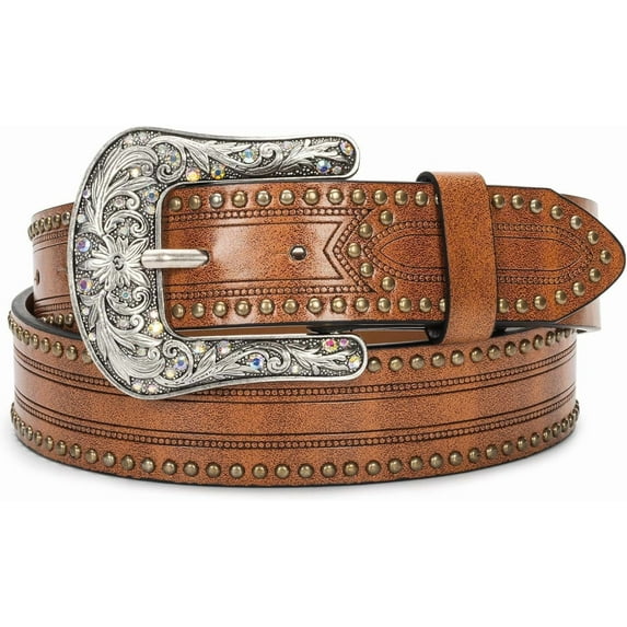 Zhengup Silver Rhinestone Belt Western Cowgirl Cowboy Belts Vintage Bling Crystal Diamond Studded Leather Belt for Jean Pants (brown-belt)