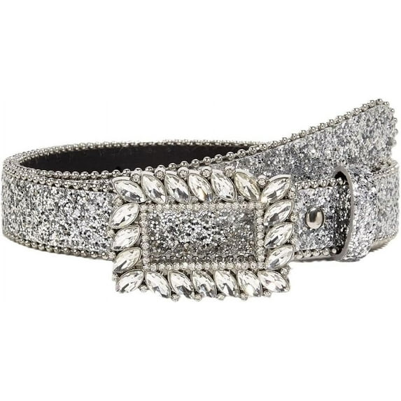 Zhengup Silver Rhinestone Belt Western Cowgirl Cowboy Belts Vintage Bling Crystal Studded Leather Belt for Jean for 27-39"