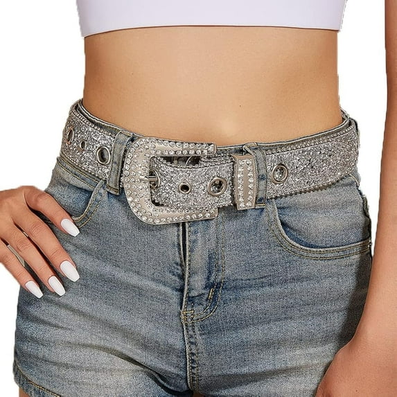 Zhengup Silver Rhinestone Belt Western Cowgirl Cowboy Belts Vintage Bling Crystal Studded Leather Belt for Jean for 27-39"