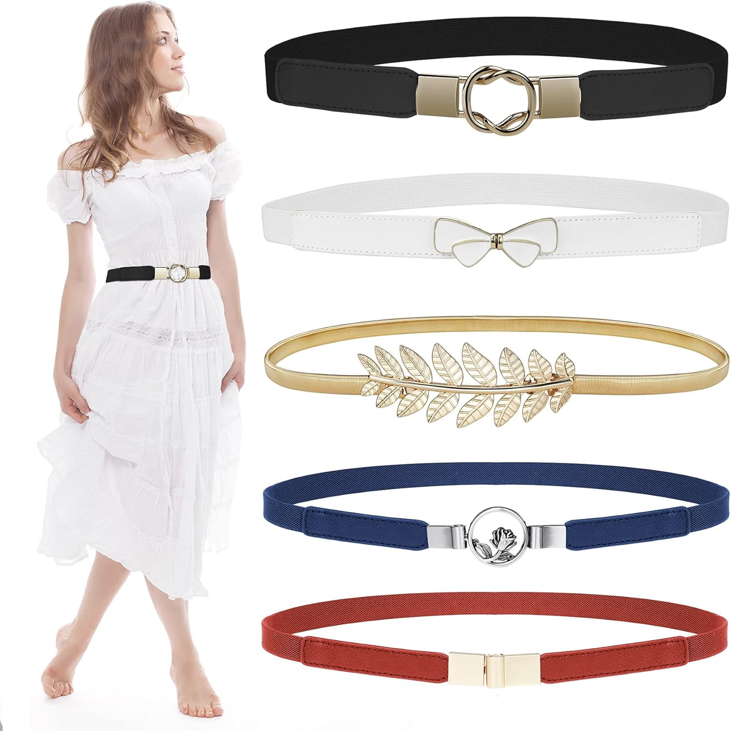 Skinny Belts for Women 5 Pack, Fashion Dress Belts Stretch Women Waist Belts EAONE Skinny Belts for Women 5 Pack, Fashion Belts Stretch  main image 3