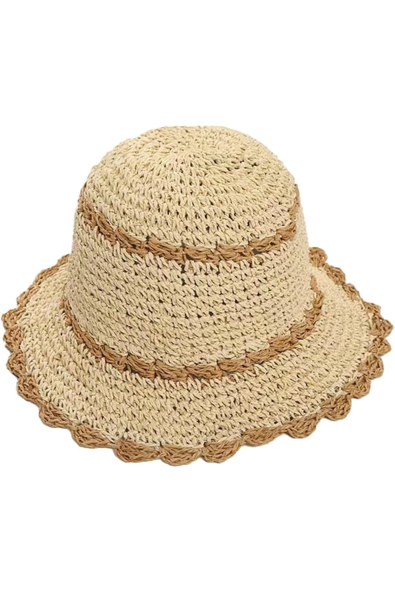 Straw Crochet Beach Hat Wide Brim UV Protection Sun Hats Woven Contrast Stripe Foldable Vacation Hat