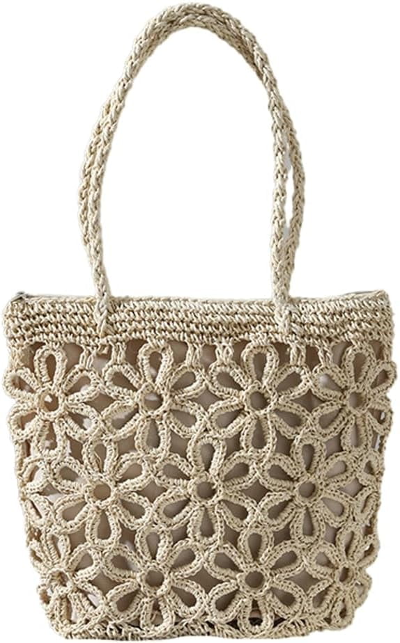 Zhengup Straw Woven Handbags for Women Hollow Shoulder Bag Large Flower Tote Purse Designer Top Handle Bag Beach Summer