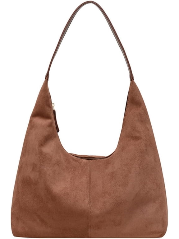 Suede Tote Bag Women Fall Winter Vintage Casual Handbag PU Strap Zip Slip Pocket Matte Shoulder Bag