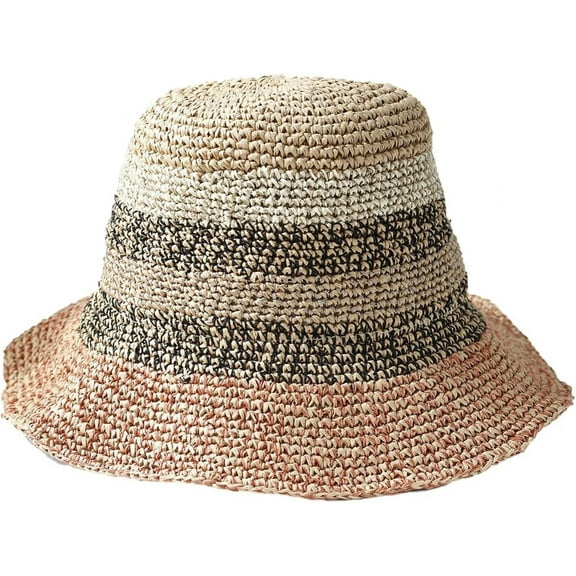 Zhengup Summer Bucket Hats Women Sun Hat Beach Handmade Straw Hat Woven Striped Crochet Wide Brim Fishing Cap
