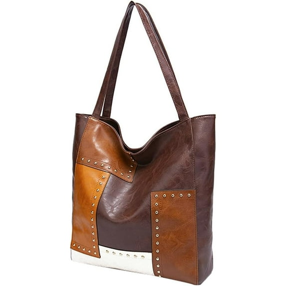Zhengup Vintage Rivet PU Leather Tote Bag for Women Large Splicing Handbags Ladies Top Handle Satchel Shoulder Bag