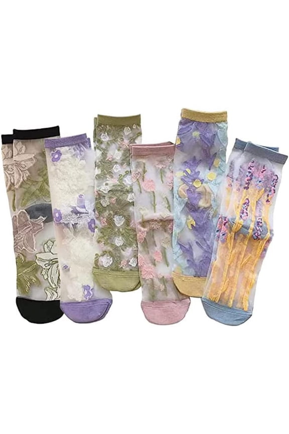 Vintage Sheer Socks, 7 Pair Summer Transparent Flower Ankle Socks, Kawaii Thin Mesh Lace Elastic Jacquard Glass Silk Socks