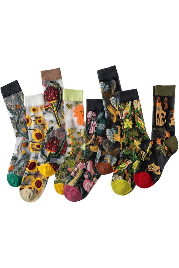 Vintage Sheer Socks, 8 Pair Summer Transparent Flower Long Socks, Aesthetic Thin Mesh Lace Elastic Jacquard Glass Silk Socks