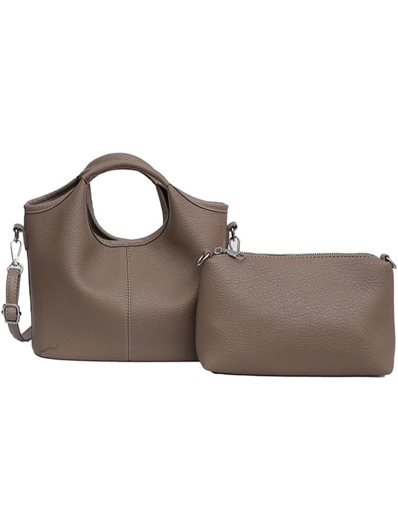 Vintage Vegan Leather Shoulder Crossbody Bag for Women Small Bucket Tote Satchels Purse Travel Work Handbag 2pcs