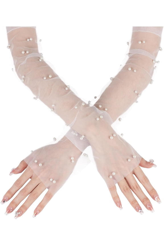 White Lace Sheer Gloves, Tulle Gloves, Bridal Gloves with Pearl for Wedding, Fingerless Gloves for Women Girls Long Elbow Wedding Gloves for Tea Opera Party Hallowmas Costume