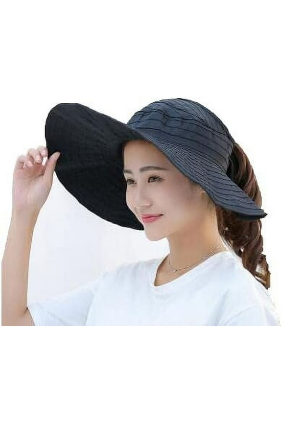 Wide-Brim Floppy Hat Ponytail Hole Foldable Summer Visor Sun Hat Adjustable by Velcro Black Cotton Bucket Hat for Women