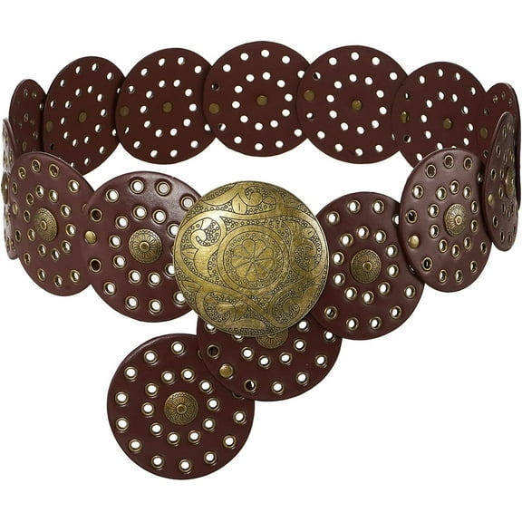 Zhengup Wide Disc Belt for Women Leather Hollow Out Round Belts Vintage Western Waist Belt