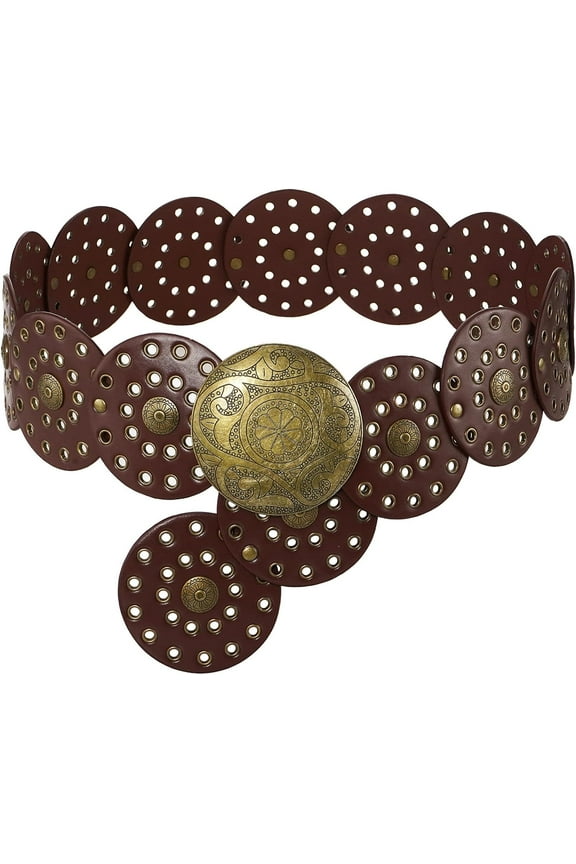 Wide Disc Belt for Women Leather Hollow Out Round Belts Vintage Western Waist Belt