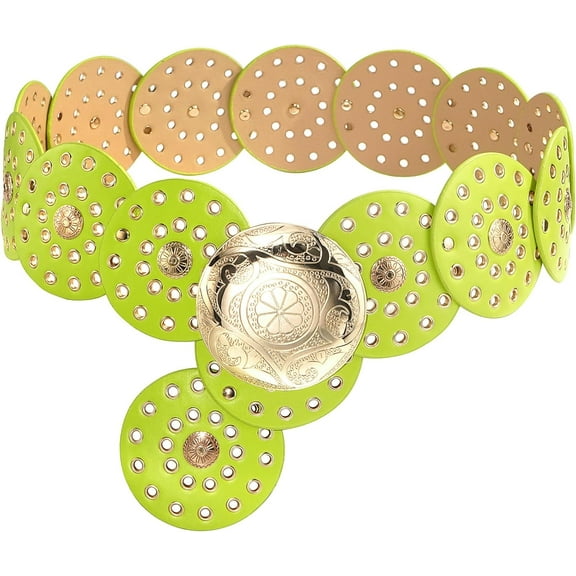 Zhengup Wide Disc Belt for Women Leather Hollow Out Round Belts Vintage Western Waist Belt