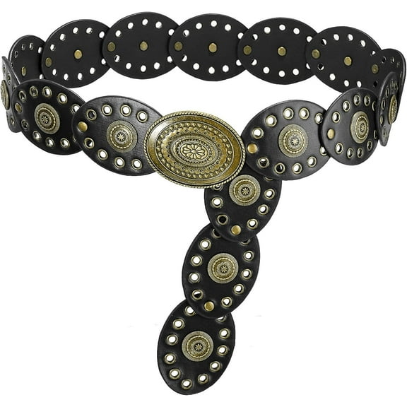Zhengup Wide Disc Belt for Women Leather Oval Belt Western Vintage Waist Belts