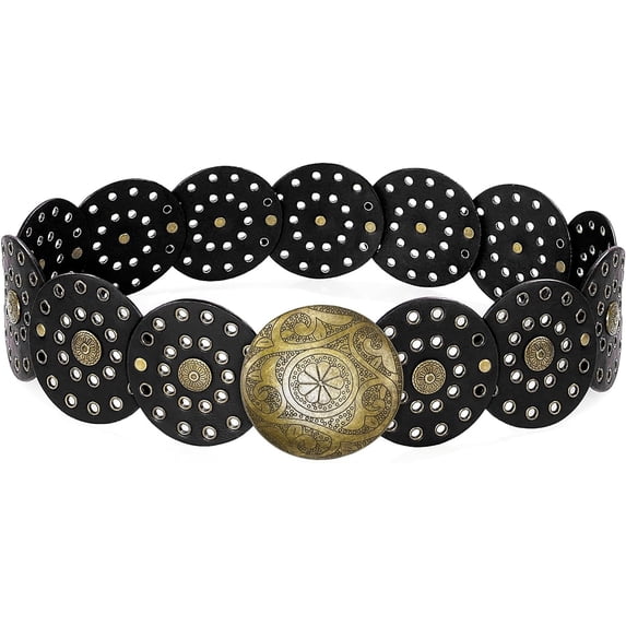 Zhengup Wide Disc Belt for Women Vintage Leather Hollow Out Round Belt Western Waist Belt