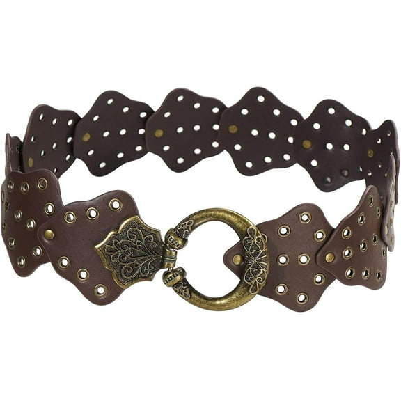 Zhengup Wide Disc Belt for Women Vintage Leather Hollow Out Round Belt Western Waist Belt