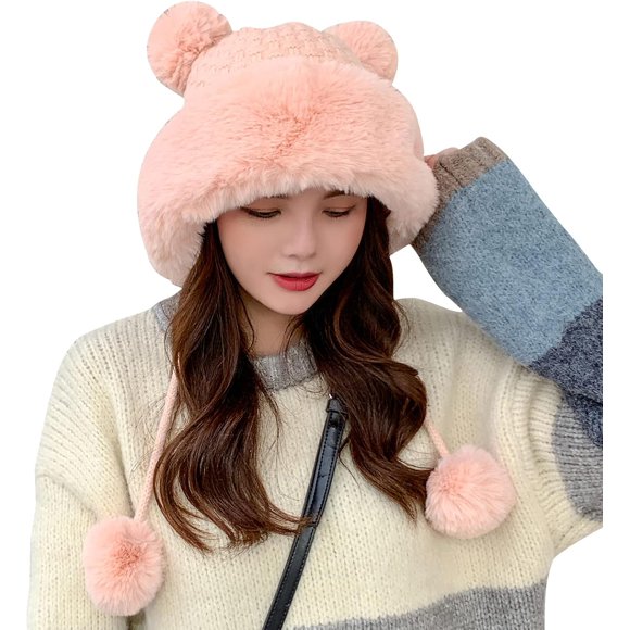 Zhengup Winter Beanie Hats for Women Warm Knit Skull Cap Fur Hat with Pompom Russian Ushanka Trapper Hat Ear Cover