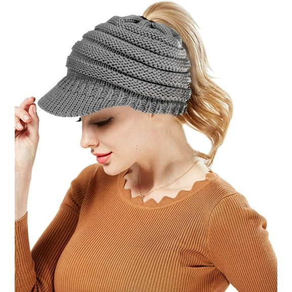 Zhengup Winter Cable Knit Beanie Cap Soft Stretch Messy High Bun Ponytail Hat Unisex Warm Fleece Lined Skull Cap