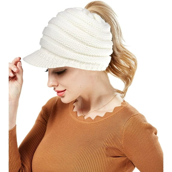 Zhengup Winter Cable Knit Beanie Cap Soft Stretch Messy High Bun Ponytail Hat Unisex Warm Fleece Lined Skull Cap