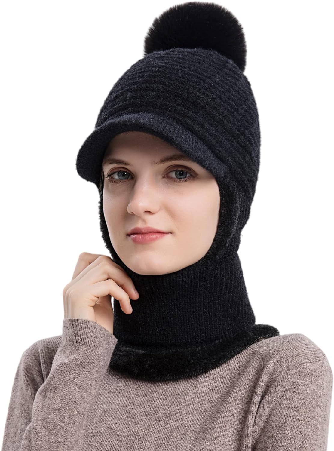 Zhengup Women Balaclava Visor One-Piece Skull Beanie Hat Neck Circle Scarf Ski Snow Winter Knit Fleece Cap Cold Weather