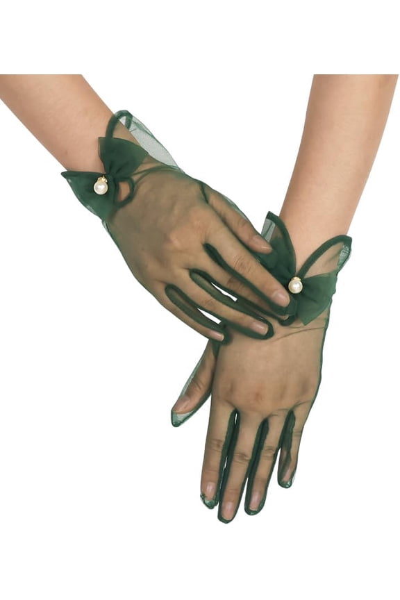 Women Bow Tulle Gloves with Pearls Short Mesh Tea Party Gloves Wedding Bridal Prom Formal Accessories