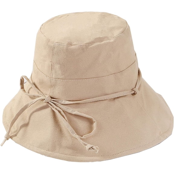 Zhengup Women Bucket Hat Bow Band Wide Brim UV Sun Protection Beach Hat w/Chin Strap