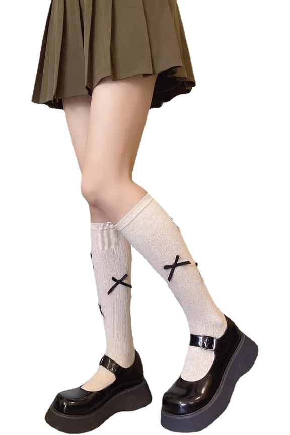 Women Calf Knee High Stocking Sock with Bow Cute Lolita Mary Jane Ankle Socks Coquette Cotton Socks Cottagecore Socks