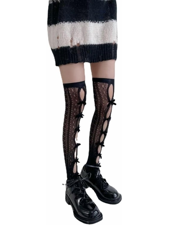 Women Coquette Hollow Out Bow Lace Socks Cute Balletcore Knee High Sock Casual Fishnet Mesh Dress Lolita Socks