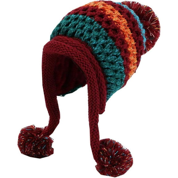 Zhengup Women Fleece Lined Beanie Cap Contrast Color Warm Knitted Ski Hat w/Earflap Pom