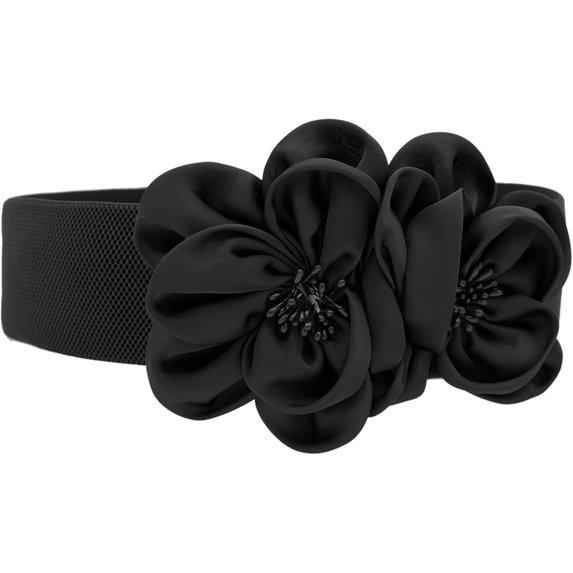 Zhengup Women Girls Big Fashion Double Décor Flowers Buckle Adjustable Elastic Wide Waist Belt