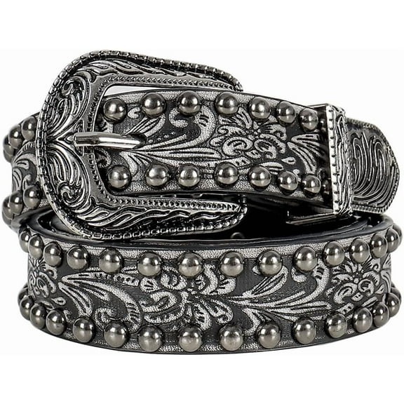 Zhengup Women Men Vintage Western Studded Belts Floral Engraved Embossed Tooled Belt Pin Buckles for Pants Jeans Dresses
