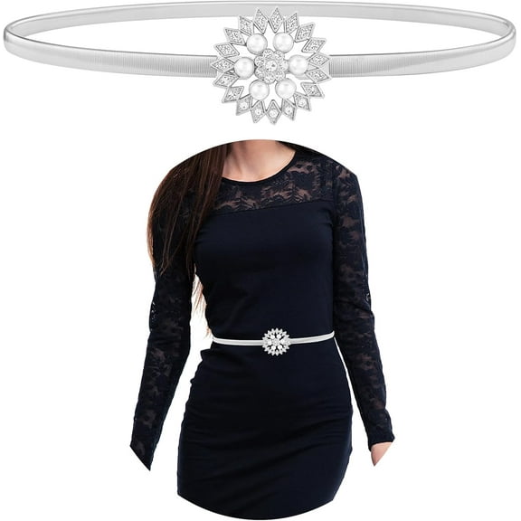 Zhengup Women Metal Elastic Belts, Ladies Skinny Thin Belts Rhinestone Pearl Buckle Belt Stretch Waist Belt for Dresses Jeans