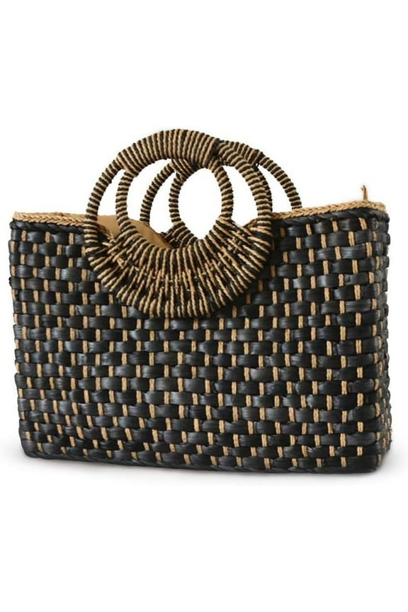 Women Summer Retro Straw Bag with Zip Hand-woven Beach Handbag Top Round Handle Boho Tote Bag Shopping and Travel Large Bag (Black)