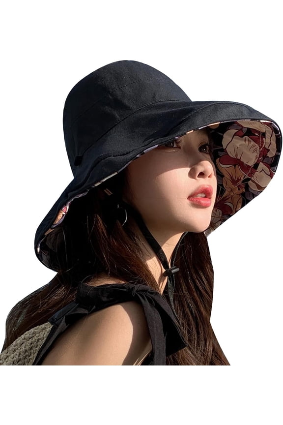 Women Summer Sun Hat Wide Brim Wired Edge Floral Beach Bucket Hats Reversible Foldable Travel UV Protection Lady Hat